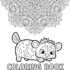 Naklejka premium Fun with Coloring book Illustration: An enchanting coloring book page featuring an adorable spotted hyena and an ornate mandala design, inviting creativity and relaxation.