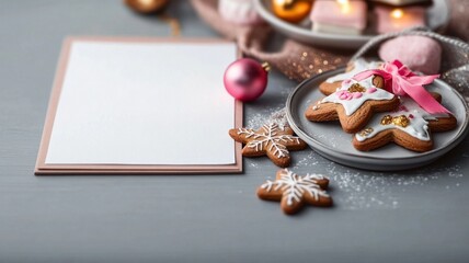 Christmas Gingerbread and Blank Card Festive Dessert Decoration, Winter Party Background for Invitation, Menu, Poster, Banner