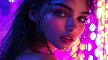 Stunning portrait of a model with glowing skin and colorful lights in the background during a vibrant photoshoot at night