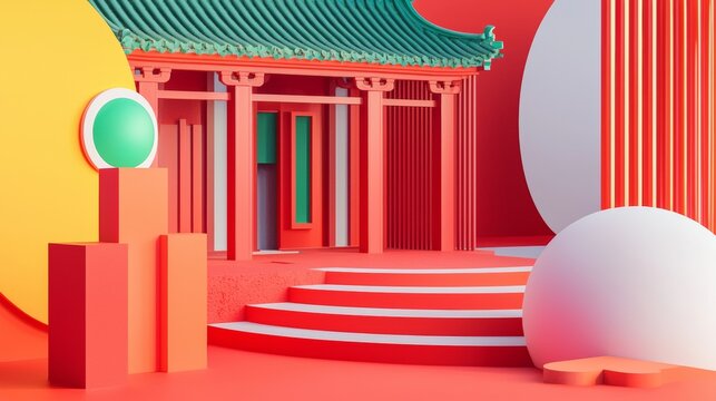 Vibrant abstract scene with modern shapes beside traditional architecture in a bold red color scheme