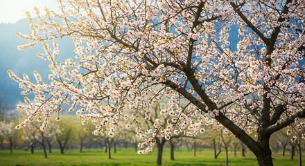Flowering trees in a field sunny day with soft sunlight nature concept