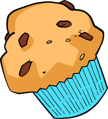Cartoon Muffin with Chocolate Chips on Light Brown Dome and Teal Isolated on White Background