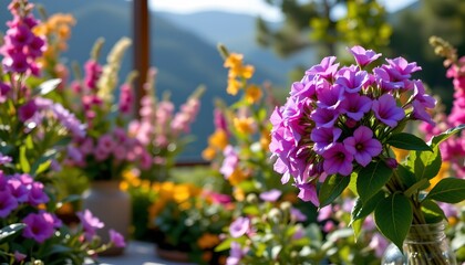 Obraz premium The photo captures a vibrant outdoor garden scene. A collection of potted flowers in a variety of colors – pink, purple, yellow, and orange – are arranged together