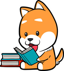 Cartoon Orange and White Dog Reading Book with Tongue Out on Transparent Background