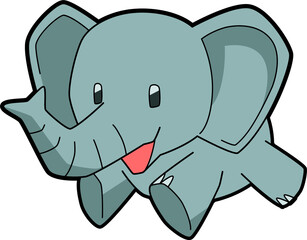 Cartoon Gray Elephant with Pink Tongue on Transparent Background