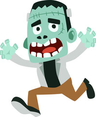 Cartoon Green Frankenstein Monster Running with Brown Pants and Black Shoes in White Background