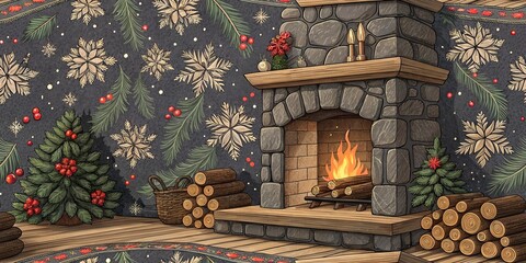 Warm Fireplace Christmas Event Seamless Pattern, Holiday Festive Design