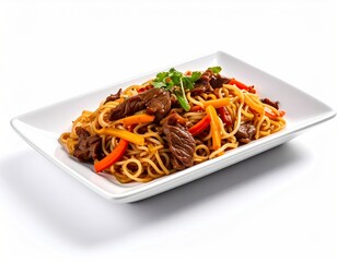 Delicious Beef Lo Mein Noodles on a White Plate.