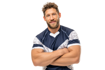 A muscular man with a beard and short brown hair, wearing a blue and white sports jersey, with his arms crossed and smiling, isolated on transparent background