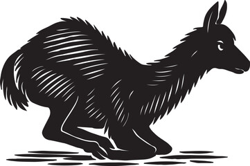 Stylized black and white woodcut illustration of a running llama or alpaca in motion against a white background