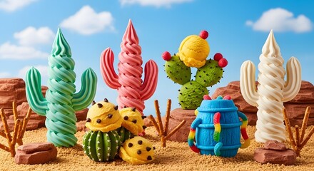Whimsical Desert Landscape with Ice Cream Cacti and Candy Barrel, Blue Sky