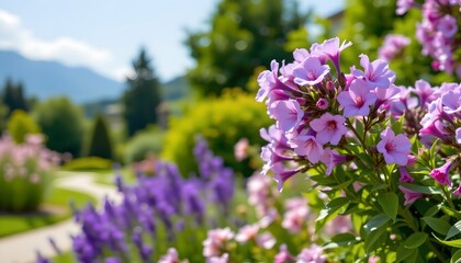 Obraz premium A vibrant garden scene filled with lush plants, blooming flowers, and well tended foliage under a clear sky.