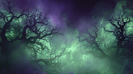 Spooky mysterious Halloween background with deep purple black mist around gnarled trees, eerie green glow and cinematic lighting for horror games and premium branding
