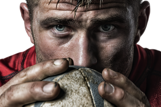 Closeup portrait of a sweaty, determined rugby player holding a ball, isolated on transparent background - Powered by Adobe