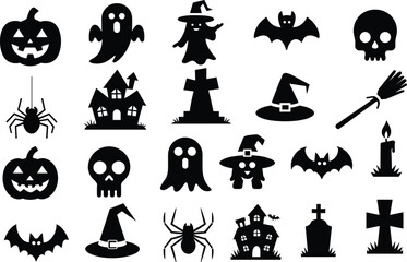 Obraz premium Collection of Halloween silhouettes. Haunted house, creepy tree, flying witch, pumpkins, Halloween ghost, owl, coffin lid, Black and white Halloween vector silhouette set with spooky icons and element