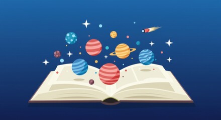 Vector Book with Planets and Stars Emerging from Pages