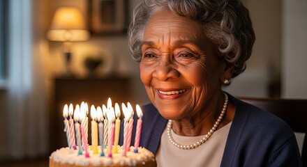 Elderly woman smiling while celebrating birthday with cake at home  