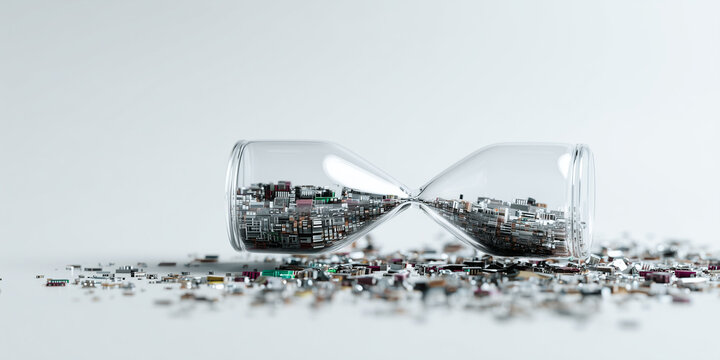 Sand timer filled with electronic waste on white background  