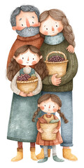 Thanksgiving gatherings bring warmth and joy as family holds baskets of harvest fruits and vegetables in cozy autumn clothing