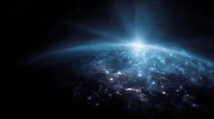 Obraz premium Earth at night viewed from space with glowing city lights and a bright beam of energy emanating from the surface