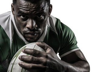 Close up of a sweaty, determined rugby player holding a ball, isolated on transparent background
