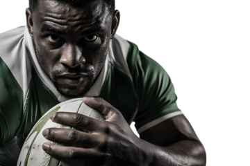 Close up of a sweaty, determined rugby player holding a ball, isolated on transparent background