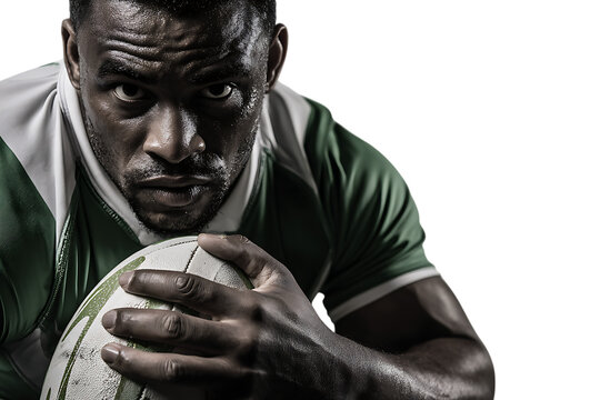 Close up of a sweaty, determined rugby player holding a ball, isolated on transparent background