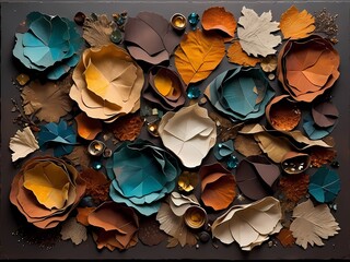  A mesmerizing abstract art composition made entirely from recycled scraps — torn paper, rusted metal, broken glass, and fabric pieces 