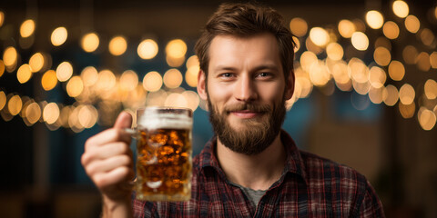 Man smiling and holding a glass of beer in a festive setting  