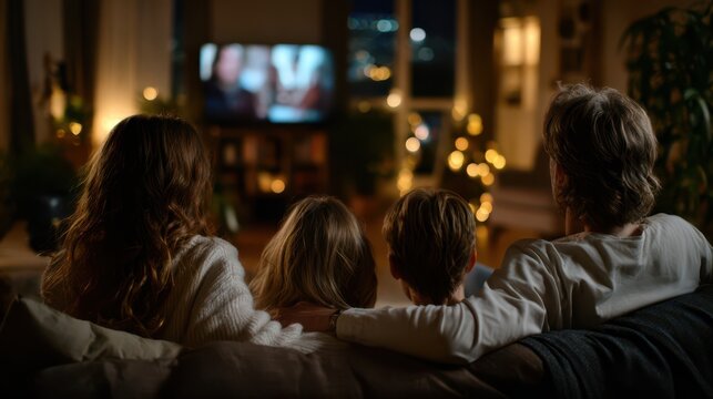 Rear view of family sitting together on sofa watching television in warm living room at night, cozy home atmosphere with glowing lights and bonding time enjoying entertainment together