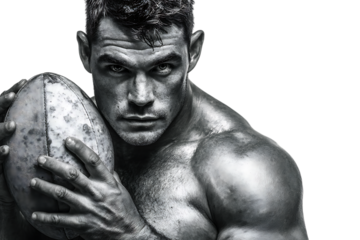 Closeup portrait of a muscular, intense rugby player holding a rugby ball, isolated on transparent background