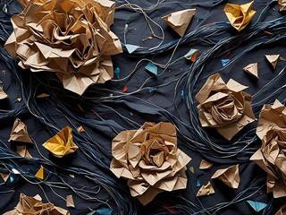 A dynamic abstract art scene formed from chaotic waste materials: crumpled papers, wires, fabric scraps, and glass shards, artistically arranged to form a flowing, almost galaxy-like pattern. 