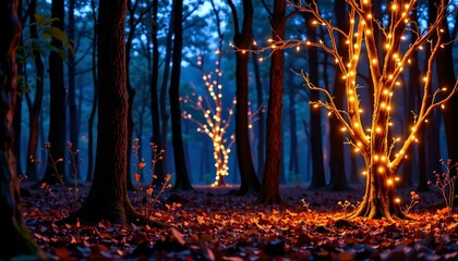 A serene nighttime scene in a forest setting, with festive string lights illuminating the environment amidst the darkness.