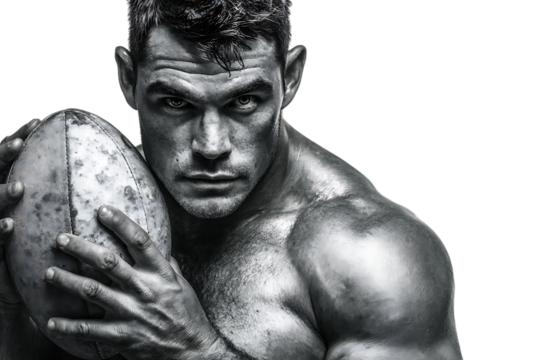 Closeup portrait of a muscular, intense rugby player holding a rugby ball, isolated on transparent background - Powered by Adobe