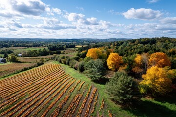 Scenic aerial view of a pumpkin field with neat rows of crops beside colorful autumn trees and rolling countryside under a bright blue sky with clouds