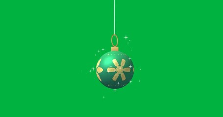 Animation of green bauble with snowflakes christmas decoration on transparent background - Powered by Adobe