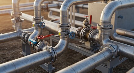 Pipes and valves at a geothermal plant control the extraction of hot steam or water from underground wells. Concept of geothermal energy extraction infrastructure.