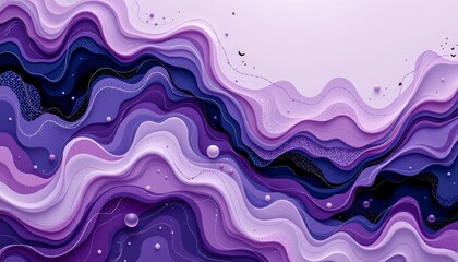 An abstract artwork featuring a wavy pattern with vibrant purple hues dominating the central foreground, flowing into a darker background that transitions to lighter shades at the top.