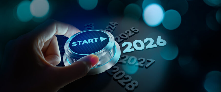 happy new year 2026,Finger about to twist the start button 2026 with the text 2027,2025,2024 and start on twist button.Concept of planning,start,career path,business strategy,opportunity and change
