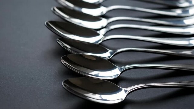 Arrangement of shiny silver spoons aligned on a dark surface for culinary or dining concepts