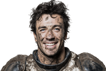 Portrait of a man covered in mud, smiling and looking at the camera, isolated on transparent background