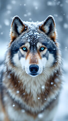 A close up portrait of a wolf with blue eyes in a snowy environment during a winter snowfall scene