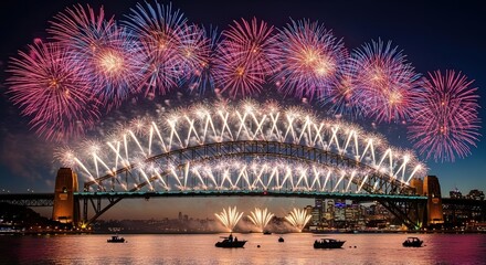 Colorful fireworks display over Sydney Harbour Bridge at night  