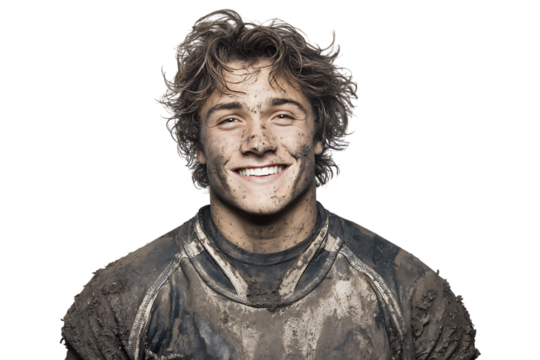 A young man with messy hair and a dirty face, smiling broadly while wearing a muddy sports jersey, isolated on transparent background - Powered by Adobe