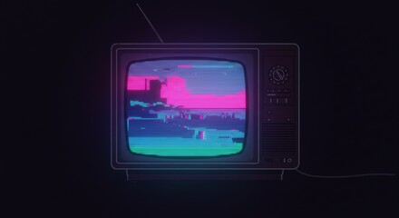 Vector Retro Futuristic Television with Neon Glitch Screen