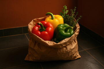 Fresh red, yellow, and green bell peppers in brown paper bag with aromatic herbs on dark kitchen tile floor