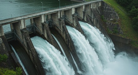 A hydroelectric dam releases large volumes of water through its spillway gates to generate renewable power. Concept of hydroelectric power generation.