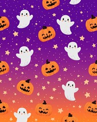 Cute cartoon Halloween background with smiling jack-o-lanterns, friendly ghosts and stars on purple orange gradient, simple vector for kids invitations