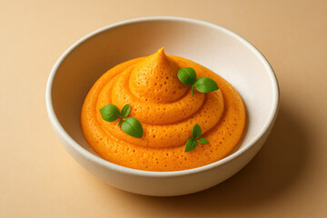 Spicy orange hummus swirl in white bowl garnished with fresh basil leaves on beige background, minimalist healthy food concept