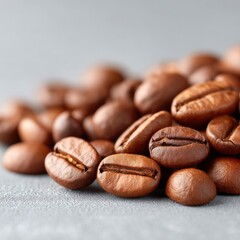Naklejka premium Macro Close Up of Roasted Coffee Beans on Gray Surface Cinematic Lighting
